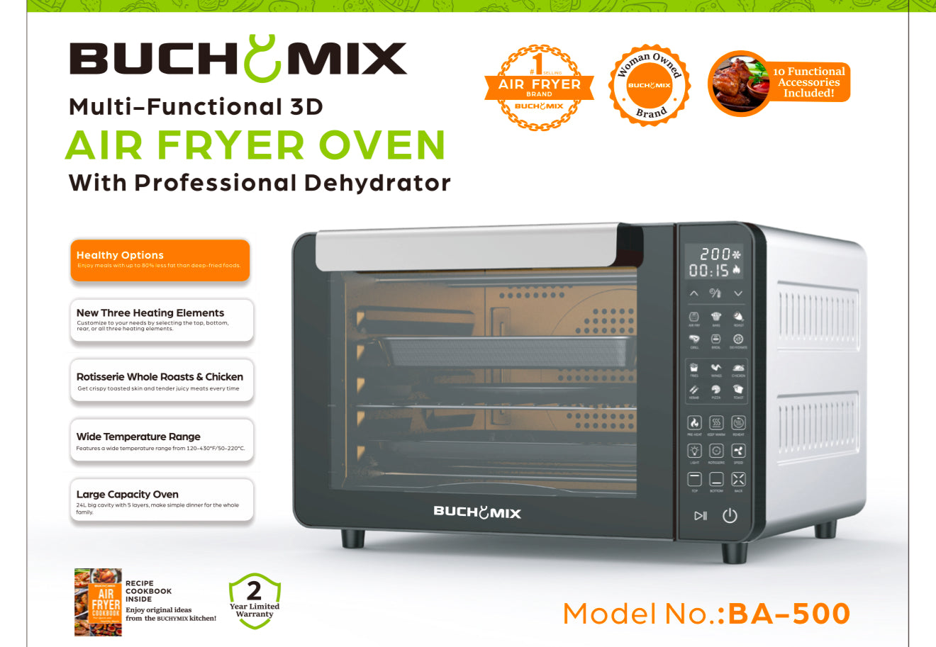 Large Capacity Professional Dehydrator &nbsp;&amp; Air Fryer Oven with 3D Heating Elements -25L