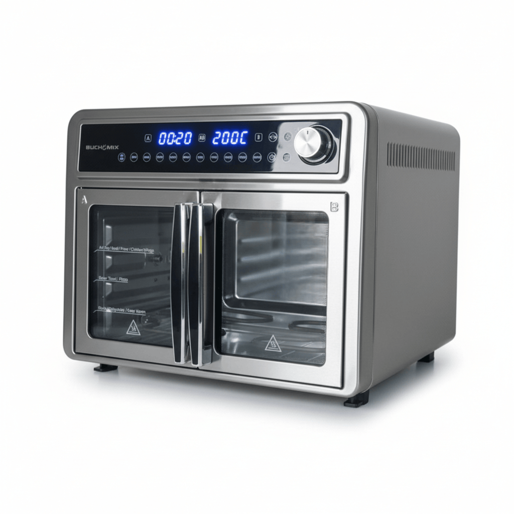 Dual Compartment 28L French Door Air Fryer Oven - All Stainless Steel Accessories - Buchymix UK