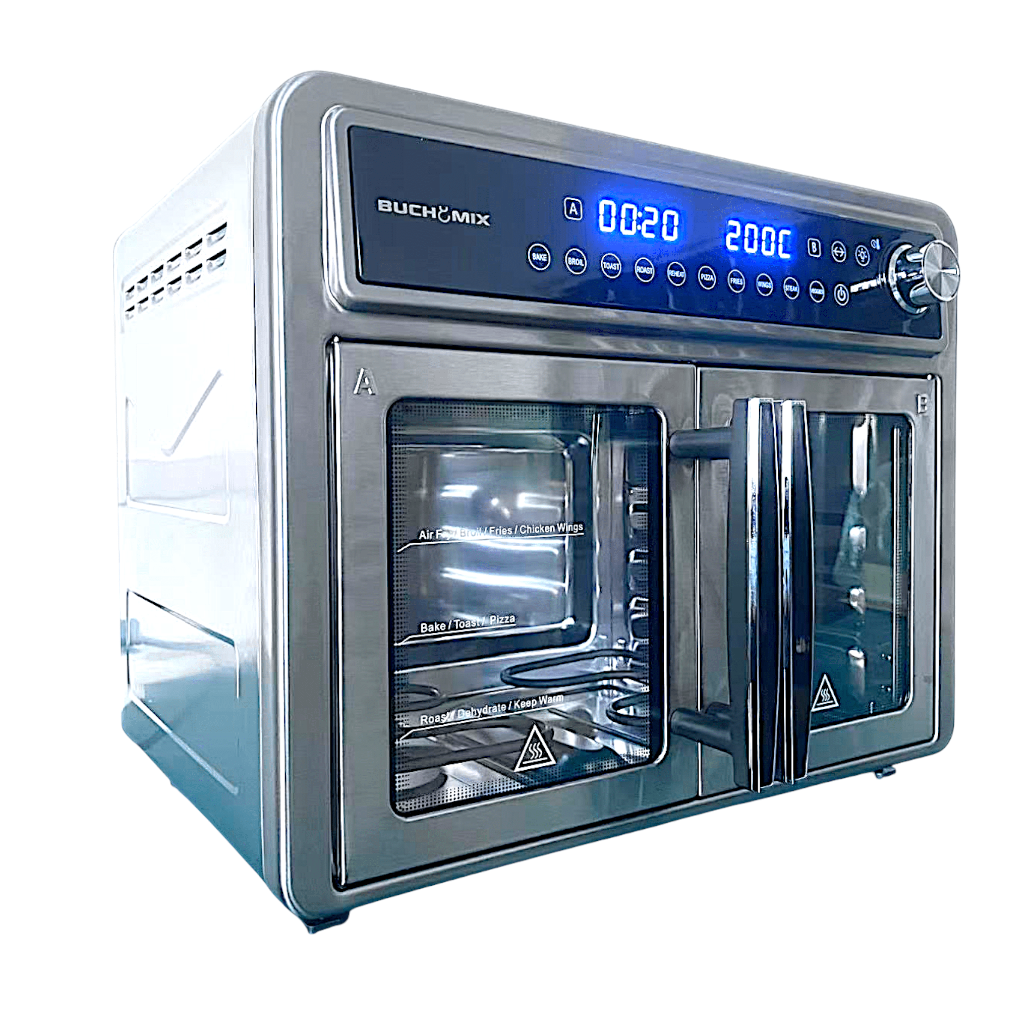 Dual Compartment 28L French Door Air Fryer Oven - All Stainless Steel Accessories - Buchymix UK